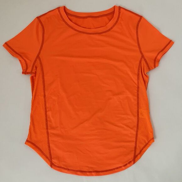 NWOT Athletic Shirt Stretch Mesh Women L  8/10 Bright Orange Workout Running Gym - Picture 1 of 6